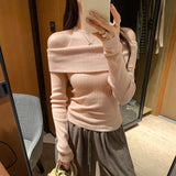 Design Sense Unique Fake Two-Word Shoulder-To-Shoulder Long-Sleeved Knitted Shirt Woman 2025 Autumn New Single Wear Small Top