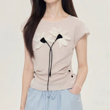 Spring And Summer New Korean Version Of The Fashion Ocean Cross-Fold Waist Fold Three-Dimensional Flowers Knitted Short-Sleeved Top