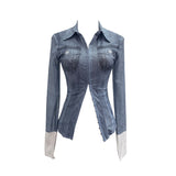 À±tie Denim Yarn Print Long Sleeve Open Shirt Hook Buckle Short Repair Body Dress 1293