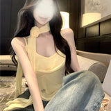 Lotus Side Yellow Flower Sling Small Vest Woman Summer Sleeveless Outside Wearing Design Short Spice Girl Top