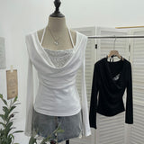 Fake Two-Piece Squint Hanging Neck Tie Long Sleeves Jersey Hottie Tops Body Folded T-Shirt 2829