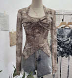 Single Special To The Net Yarn Design Sense Hanging Neck Top Cross Folded Repair Short T-Shirt 1178