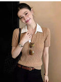 French Polo Collar Cassette Knitted Short-Sleeved T-Shirt Women 2026 Spring Leisure Temperament Shoulder Small Top