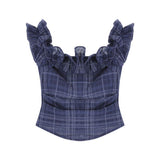 French Retro Wooden Ear In The Word Shoulder T-Shirt Girls Summer Irregularly Repair Waist Short Shoulder Tat