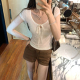 High-End Touching Bow Tie With Thin White Shoulder Short-Sleeved T-Shirt Woman 2025 New Summer Huge Look Top