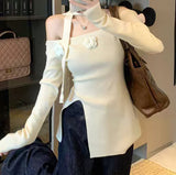 Pure Three-Dimensional Flowers Shoulder-Opened Long-Sleeved Knitted Shirt 2025 Autumn New Slim Top Woman Tide