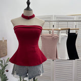 Real Shot With Chest Cushion A Word Shoulder Knitted Vest Around The Neck Design Wrap Waist Thin Tset 9295