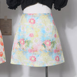 Oil Painting Print High-Rise Half-Dress Anti-Light A-Word Bag Babes Holiday Broken Flower Short Skirt Female 6116