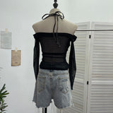 Real Shooting Hottie Fake Two Cowboy Hanging Neck Splicing Mesh Yarn One-Word Shoulder Strapped Dress Short T-Shirt 8935