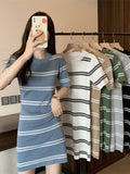 Striped Short-Sleeved Round-Neck Knitted Dress Women's Early Autumn New Slim Fresh Sweet Long Skirt