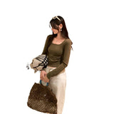 Korean Folded Waist Collar Long-Sleeved T-Shirt Women Commute Early Autumn New Unique Beautiful Short Top