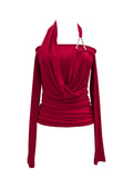Real Shooting Hottie Shoulder Bead Hanging Neck Cross-Neck Wrinkles Two Long-Sleeved Tops To Repair T-Shirt 2861