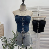 Real Shot With Chest Pad Water Washing Denim Breast Vest Bright Crystal Crystalline Wearing Rope With Short Sleeveless Top Woman 2856