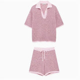 2025 New Women's Loose Knitting POLO Shirt Blond High-Waisted Knit Shorts Set 6427041