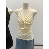 Real Shot Lyselle Tian Silk Wool Hanging Back Twisted Folded V-Neck Sleeveless Sleeve Sling Vest Female Summer Design Blouse