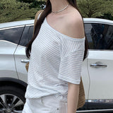 This Year's Popular Beautiful Temperament Shoulder Wide Collar Short-Sleeved T-Shirt Women's Summer 2025 New Blouse