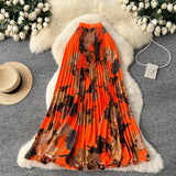 Vintage Print 100-Fold A-Word Niche Dress Women High Waist Thin Design Sense Commuting High-End Long Dress