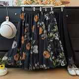 High-End Retro Print Mesh Splicing Half-Dress Dress Women Autumn 2025 High-Waist A Skirt On Both Sides Of The Big Swing Skirt