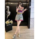 Dopamine Casual Sports Suit Women's Summer Blast Street Small Rainbow Blouse Denim Shorts Two-Sleeve