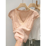 French Romantic Style V-Neck Short-Sleeved T-Shirt For Women's Spring New Lace Tie With Slim Top