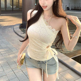 Temperament Beautiful Hottie Wearing Lace Sling Vest Female Collar Open Shoulder Bow Hollow Inside The Top Summer