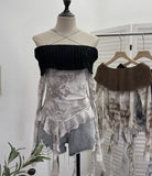 Real Shot Shoulder Cross Hanging Neck Knitting Mesh Yarn Coat Irregular Ribbon Horn Long-Sleeved T-Shirt 1101