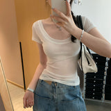 Qaqi Thin Large U-Neck Shoulder Short-Sleeved T-Shirt Women 2025 Summer New Pure Loose-In-Sensitive Top