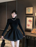 Hepburn Small Black Dress Half-High Collar Long-Sleeved Dress 2025 New Waist-On-Coat Dress Women's Black Fluffy Skirt