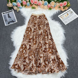 Printed Folded A-Word Half-Dress Girl's Long-Term Loose Waist 100-Fold Skirt Literary Retro Style Dress Swing