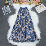 Printed Folded A-Word Half-Dress Girl's Long-Term Loose Waist 100-Fold Skirt Literary Retro Style Dress Swing