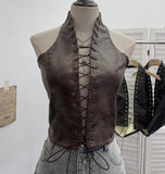 Real Shoot Babes Sexy Hollow Strap Hanging Neck Pu Sling Sling Vest Short-Carded Back Dress Woman 8120