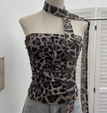 Real-Patting Mesh Leopard Print Sexy One-Word Shoulder Hanging Neck With Chest Vest With Chest Pad Short Top 15971