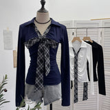 Real Shoot Spice Girls V-Neck Bow Tie With Long-Sleeved T-Shirt Slime Thin Velvet T-Shirt 1387