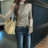 Lyselle's Silk Wool Folds Back-Round-Neck Long-Sleeved T-Shirt For Women's Commute To The New Autumn Top