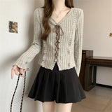 Sweet Babes V Tie With Long-Sleeved Knitted Shirt Girls Autumn New Wooden Ear Splicing Short Thin Niche Tops
