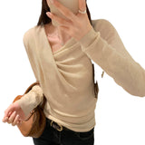 2026 Early Spring Han Collar Twisting Folded Collar V Collar Long-Sleeved Knitted Shirt Women Early Autumn Design Sense Top