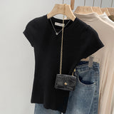 Spring And Summer New Leisure Round Collar Solid Color Repair Elastic Knitting T-Shirt Girl