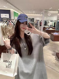 Gray Tie With Round-Neck Short-Sleeved T-Shirt 2026 New Casual Temperament Lazy Wind Loose Long Top