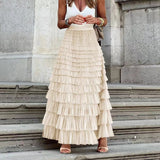 New French Long Dress Female Autumn Temperament Elegant Solid High-Waisted Mesh Cake Skirt Unkempt Skirt