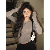 Vintage Niche Design With Hot Diamond Long-Sleeved T-Shirt Girl Autumn Slimming Hot Girl Unique Round Collar Top