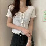 Wooden Ear Knitted Shirt V Tie With Collarbone Summer New High-Waisted Women Decorate Slim Short-Sleeved T-Shirt Tide