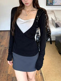 Vintage Black V-Necked Two Long-Sleeved T-Shirt Women In Early Autumn Slimming Inside The Bottom Of The Leisure Blouse Tide