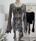 The Wasteland Wind Irregularly Drifted With Lotus Leaf Edge Strap With Hole Open Shirt Short Long Sleeves 9256