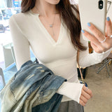 Super-Looking Temperament V-Neck Coffee Color With Bottom Knitted Shirt Women's Autumn 2025 New Long-Sleeved T-Shirt Top