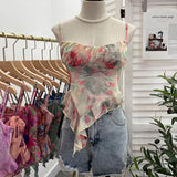 Real Shoot À±tie Bra Irregular Sling Sling Vest Slimming Print Mesh Sleeveless Top 8950