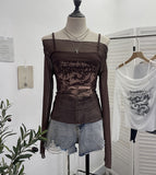 Real Shooting Spice Girls Shoulder Mesh Sun Hooded Sling Sling Long-Sleeved T-Shirt Top Two Sets Of Women 8862