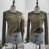 Design Feel Niche Cowboy Splicing Long-Sleeved Mesh T-Shirt Girl Summer Round Collar Dress Short Top 2617