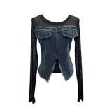 Real Shooting Of The Fur-Sided Denim Splicing Zipper Fake Two-Piece Mesh Top-Tuned Short Perspective T-Shirt 8990