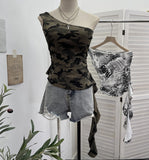 Real Shooting Street Hottie With Chest Pads With Chest Pads To Wear Chest Vest Print Irregular Short-Term Collection Waist One Shoulder Sleeveless Top 9276