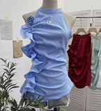 Spicy Design Sleeveless Leaves Three-Dimensional Flower Blouse Atmosphere Slimming Waist 1166